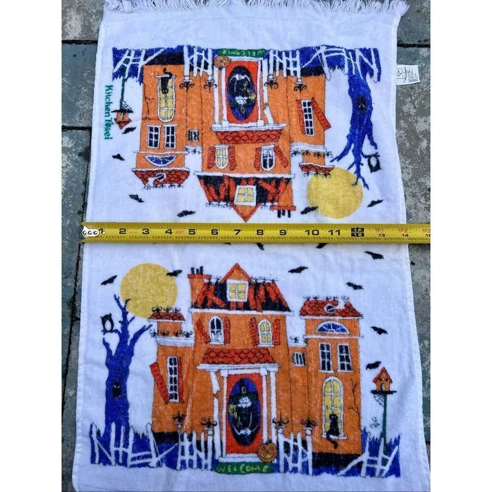 Vintage Cecil Saydah Halloween Haunted House Hand Towels Kitchen Towel